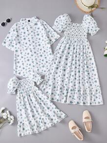 Men's New Spring/Summer Short Sleeve Blue Ditsy Floral White Shirt, Pastoral Style Gentleman Shirt For Everyday Wear, Family Matching Outfits Mommy And Me (3 Pieces Are Sold Separately)