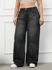 SHEIN Cottnline 100%Cotton Plus Size Belt Details Wide Leg Jeans - Black - View 5