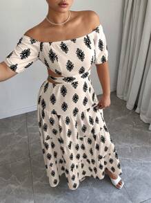 Celure Vestido de talla grande con estampado monocromo de tótem de hombros descubiertos