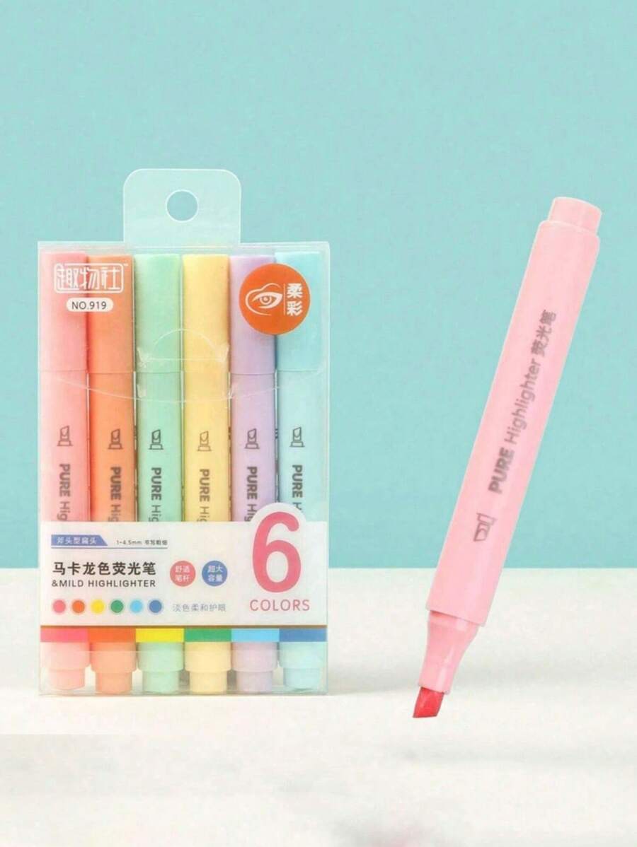 6Pcs/Set Pastel Color Macaron Highlighter Pen Marker Pens Fluorescent Pen Drawing Highlighters Cute Kawaii Stationery School Supplies - Multicolor - View 1