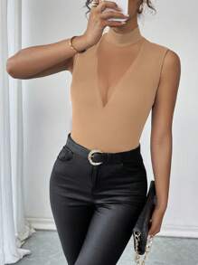 Calvaya Elegante canotta da donna aderente con collo a lupetto, in maglia sottile con inserti in rete, senza maniche