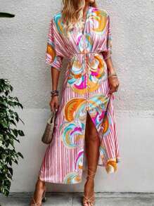 SHEIN VCAY Women's  Summer  Boho Dress Holidaya Graphic & Striped Frill Pearls Split Hem Batwing Sleeve Dress Summer Vacation Beach Vacation  Easter Dress Women  Dress Concert Outfit Women  Dress  Going Out  Dress  Sun Dress