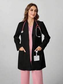 SHEIN TaskFit Women Single-Breasted Long Sleeve Casual Lab Jacket Professional Women Professional Work Office Lab Coat