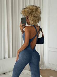 SHEIN Sport Studio Women's Solid Color Criss Cross Open Back Yoga Jumpsuit