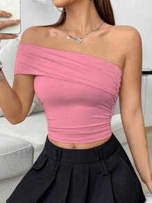 SHEIN Unity Blusa de moda para mujer de color liso con pliegues y corte asimétrico ajustado - Rosa - Ver 6