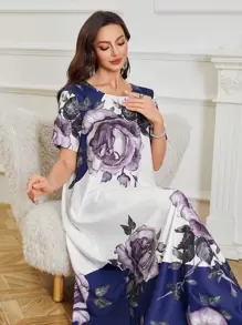 Lacomfia Đầm midi cổ tròn tay ngắn in hoa phong cách Ả Rập cho nữ - Màu xanh lam - Xem 4