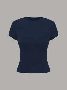 SHEIN LUNE Maglietta casual da donna a girocollo, manica corta, versatile per uso quotidiano