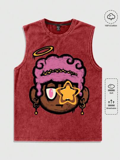 Street Life Débardeur côtelé pour hommes avec portrait vintage graffiti imprimé, lavé et délavé, été