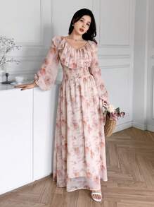 Modelyn Women's Floral Print Patchwork Ruffled Lantern Sleeve Elegant Arabian Dress