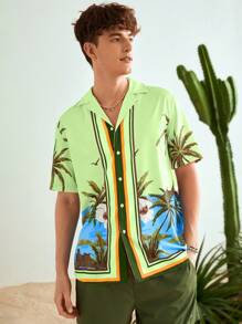 Manfinity VCAY Camisa casual de manga corta y corte holgado para hombre con estampado de árbol de coco