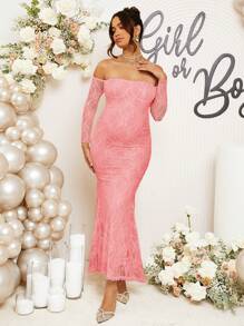 Loomaby Maternity Off Shoulder Long Sleeve Lace Fishtail Hem Elegant Fitted Dress, Baby Shower Dress - Pink - View 5