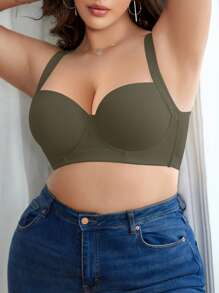 1pc Plus Size Seamless Comfortable Wireless Lightly Lined Lift & Support Bra - Olive Green - View 4