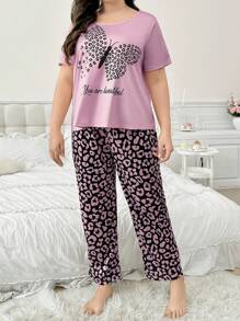 Plus Size Butterfly Print Short Sleeve Top And Leopard Pattern Pants Sleepwear Pajama Set, Outfits - Pink - View 4