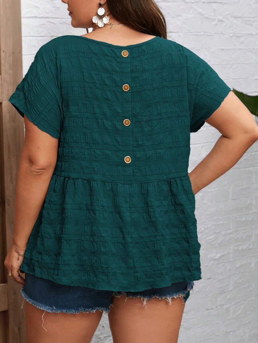 SHEIN LUNE قميص نسائي مقاسات كبيرة بلون أحادي، زخرفة كشكشة في الجزء الخلفي وذيل مفصل - أخضر داكن - مشاهدة 1