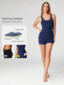 GLOWMODE 4.3" FeatherFit™ Tummy Control Side Pockets Romper Bodysuit U-Back Non-Slip Pocket Light Support Low Impact Yoga Pilates Studio Gym Daily Summer - Dark Blue - View 2