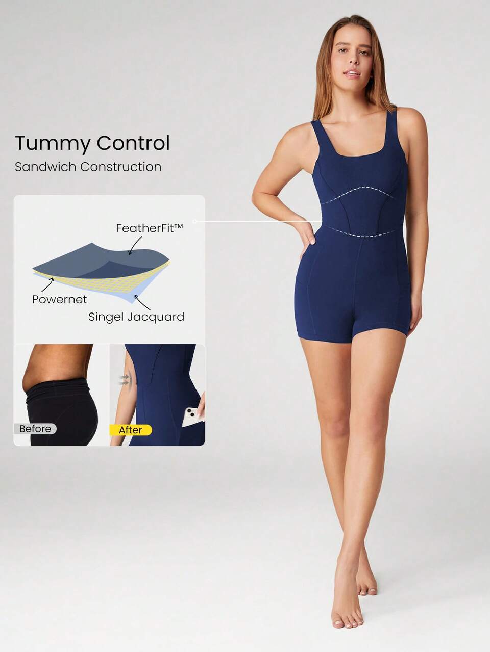 4.3" FeatherFit™ Tummy Control Side Pockets Romper Bodysuit U-Back Non-Slip Pocket Light Support Low Impact Yoga Pilates Studio Gym Daily Summer