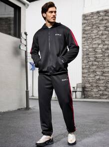 Gym Rark Conjunto deportivo de chaqueta con capucha y pantalones con bloque de color y estampado de letras para hombres, conjunto de gimnasio, conjunto de entrenamiento - Negro - Ver 6