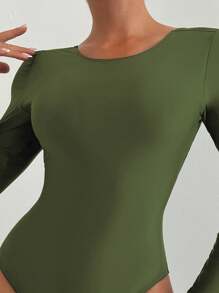 SHEIN Swim SPRTY Traje de baño de una pieza de manga larga y espalda descubierta de unicolor para mujer - Verde militar - Ver 3