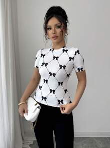Elenzga Women's Casual Bow Print Short Sleeve T-Shirt, Summer - White - View 3