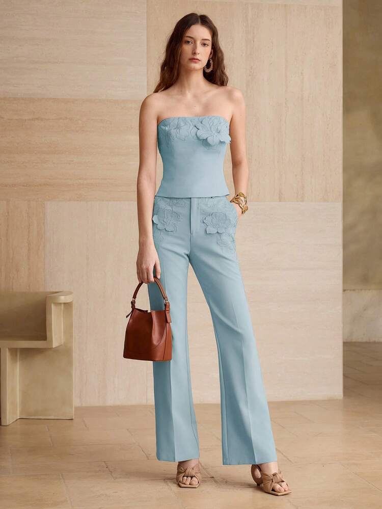 FLORAL EMBROIDERY FLARE LEG PANTS