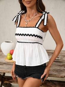 SHEIN VCAY Áo kiểu nữ mùa xuân hè phong cách Boho bằng vải lanh, áo hai dây peplum, áo croptop phối màu, áo buộc dây vai, cổ vuông, áo kiểu babydoll rộng rãi, áo thun xếp ly, áo nữ mùa hè, áo casual, áo đi dự tiệc, áo đi nghỉ mát, áo mùa hè mặc đi biển, áo mùa hè cho nữ, áo đi biển cho nữ, áo mùa hè dự lễ hội, áo đi nghỉ mát - trắng - Xem 3