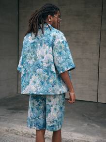 AXEPEAK Conjunto de camisa de manga corta con ajuste holgado y pantalón corto, tejido jacquard, estilo urbano para hombre