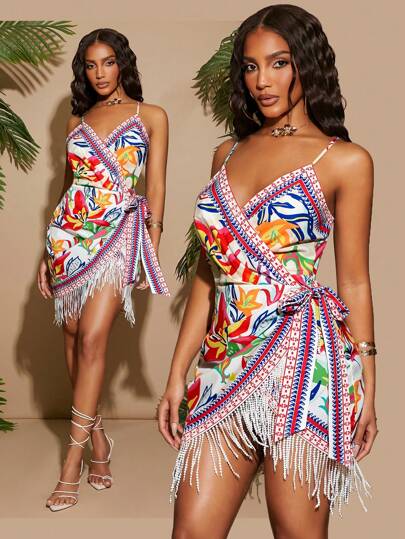 SHEIN SXY Beach;Spring/Summer Music Rock Festival Street Casual Western Wear Outfit Bohemia BOHO VACAY Colorful Retro Print Woven Halter Sleeveless Asymmetrical Overlapping Lace-Up Slim-Fit Mini Spaghetti Strap Dress With Fringe Trim