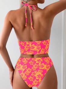 SHEIN Swim 女士夏季海滩花卉印花吊带前系带比基尼泳装套装，印花两件套泳装 - 彩色 - 查看 2