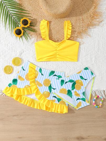 SHEIN 4pcs Young Girl Swimwear Set, Spring/Summer Beach Swimwear Set New Arrivals. Includes Spaghetti Strap Swimwear Top, Shorts, Skirt Cover Up And Sun Hat. Adorable Strawberry Pattern Makes Girls More Cute, Ruffle Trim Sweet And Lovely. Very Cute Strawberry Pattern. Summer Holiday