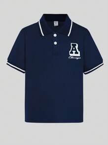 SHEIN 青少年男孩休闲宽松字母印花短袖 Polo 衫 - 藏蓝色 - 查看 6