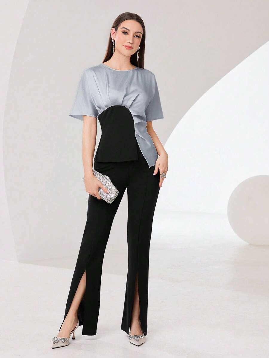 Modelyn 2 件套女士优雅不对称拼色圆领修身短袖上衣和前开叉紧身裤套装 - 淺藍色 - 查看 1