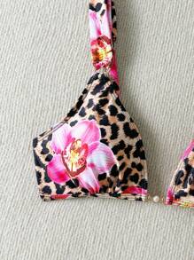 Swim Vcay Ladies' Summer Beach Leopard Print & Tropical Plant Random Pattern Thick Strap Pearl Accent Swimwear Top - Multicolor - View 3