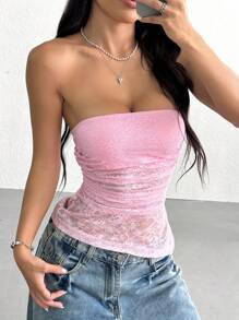 SHEIN EZwear 优雅纯色蕾丝不对称下摆抹胸上衣，夏季 - 粉色 - 查看 6