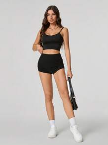 SHEIN Tall 女款純色抓皺單車短褲，夏季騎行、瑜伽運動短褲，適合高個女性 - 黑色 - 查看 4