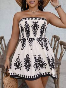 SHEIN VCAY Tuta a tubo vintage con stampa per donne taglie forti per vacanza, outfit estivi da donna