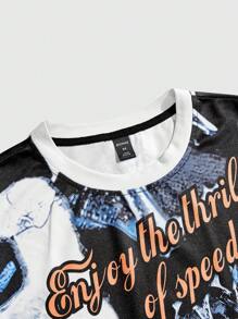 ROMWE MEN Camiseta de manga corta con gráfico de coche y letra para hombre, de verano