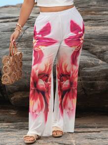 SHEIN VCAY Pantalones con estampado floral talla grande, casuales y elegantes, adecuados para el verano, la playa y las vacaciones tropicales para mujer - Blanco - Ver 4