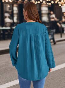 EMERY ROSE Plus Size Solid Color Notched Neck Roll Up Sleeve Casual Blouse , Summer For Women Fall - Blue - View 2