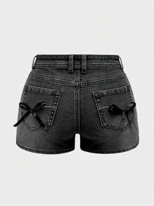 ROMWE Kawaii 大码女式蝴蝶结装饰松紧腰深灰色牛仔短裤，夏季 - 灰色 - 查看 1