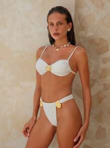 SHEIN Swim Bộ đồ bơi bikini dây mảnh màu trắng trơn có thể điều chỉnh, trang trí bằng kim loại, trang trí lưng cho nữ, trang phục đi biển mùa hè - trắng - Xem 3