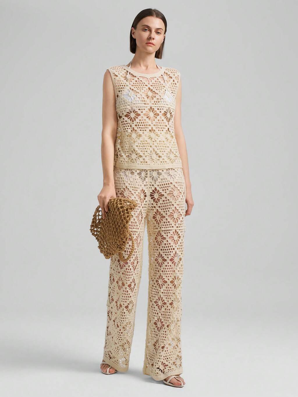 Apricot Hollow-Out Minimalist Rhombus Weave Sleeveless Casual Jumpsuit, High-End Resort Wear