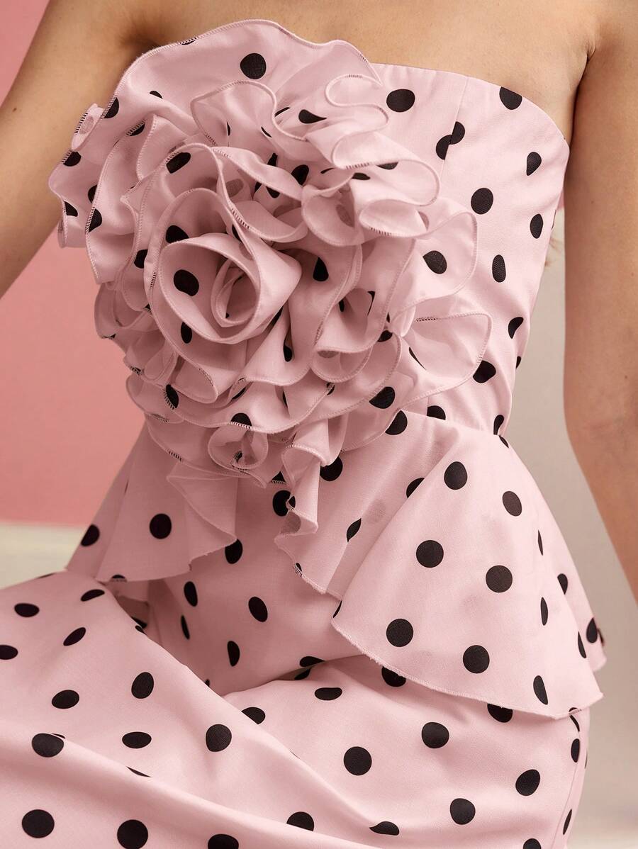 MOTF PREMIUM STEREO FLORAL POLKA DOT TUBE DRESS - Pink - View 2