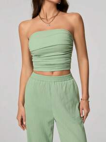 SHEIN Tall Ladies" Solid Color Textured Fabric Strapless Top And Pants Set For Summer