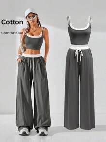 Coolane Conjunto de 2 piezas de moda para mujer, top y pantalones de 2 en 1 con empalmes de color contrastante, apropiado para usar de manera informal en primavera y verano