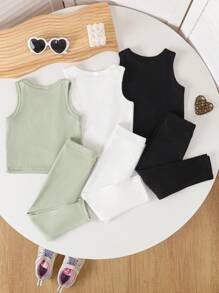 SHEIN Baby Girl 2pcs/Set Spring Casual Outdoor Sports Ribbed Fabric Heart Graphic Sleeveless Top And Elastic Waist Loose Pants Sweatsuit - Multicolor - View 2
