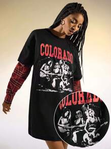 Easelle Camiseta informal de 2 piezas con estampado de figura y letra, suelta y a cuadros