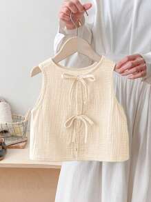 SHEIN LMoss Kids Young Girl Casual Bow Details Loose Backless Tie Textured Fabric A-Line Tank Top Spring Summer - Apricot - View 1