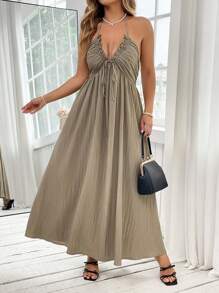 Flirla Plus Size Spring/Summer Solid Color Spaghetti Strap Tank Dress With Ruffled Collar Ribbon Bowknot, Retro Romantic Backless Lace-Up Butterfly Decorations, Maxi Length Perfect For Beach Vacation - Coffee Brown - View 4