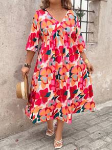 SHEIN Clasi Plus Size Women's Colorful Floral Print Beach Dress - Multicolor - View 3