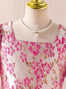 1pc Tween Girls Backbowtie Splicing Net Panel Puff Sleeve Jacquard Dress, Spring/Summer - Hot Pink - View 6